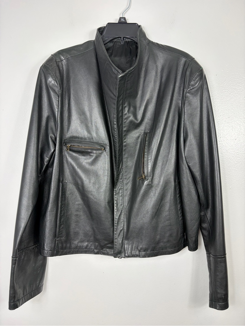 Vintage Vera Pelle Black Leather Jacket - high collar Classic Zip Pocket